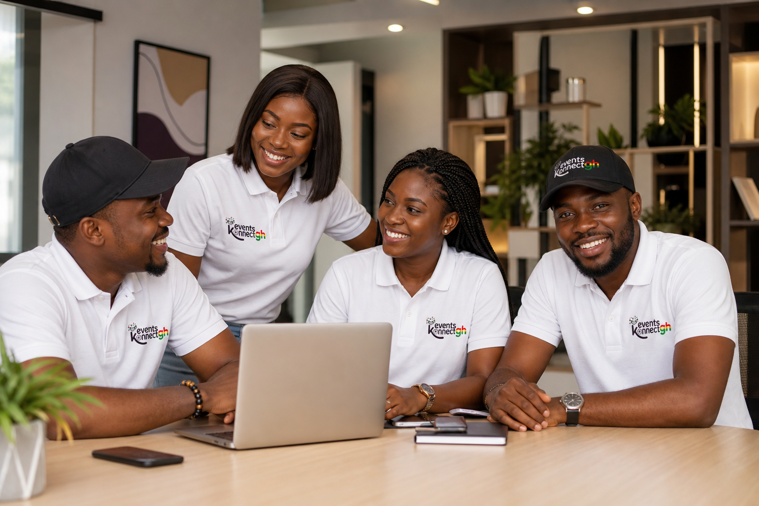 Four EventsKonnectGH team members collaborating around a laptop in their office