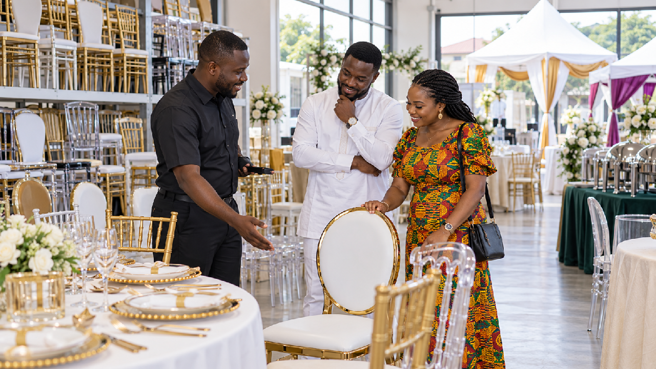 A Ghanaian couple inspects premium event chairs and table settings with a rental provider