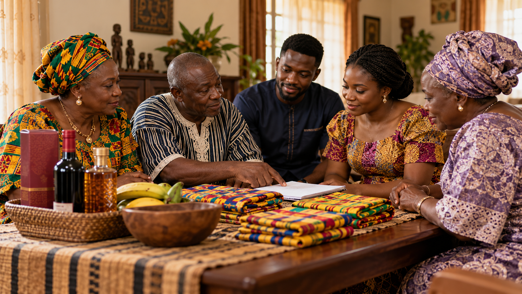 Members of a Ghanaian family discuss customary marriage items with a couple