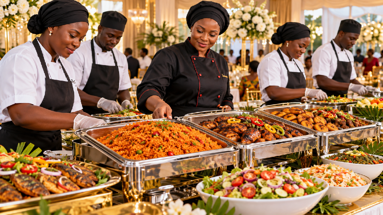 A Ghanaian catering team prepares a colourful buffet for an elegant event