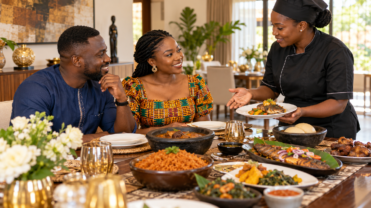 A Ghanaian caterer presents local dishes to a couple during a menu tasting