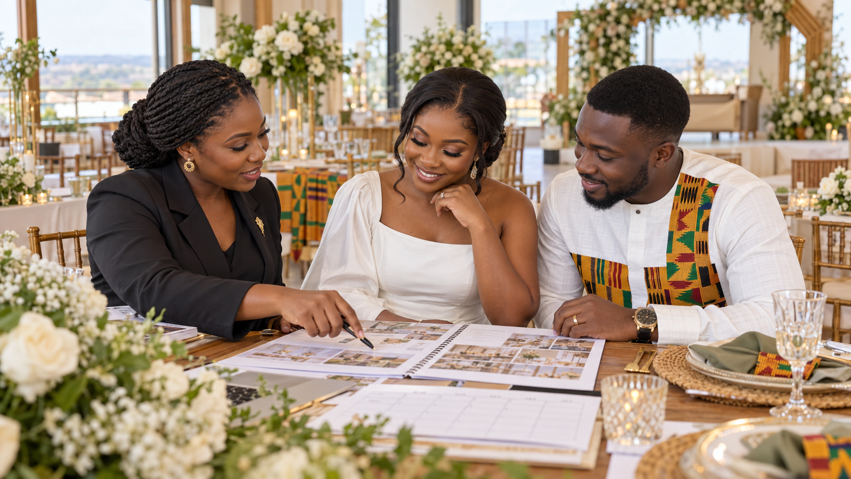 A Ghanaian wedding planner reviews a wedding plan with an engaged couple at a decorated venue