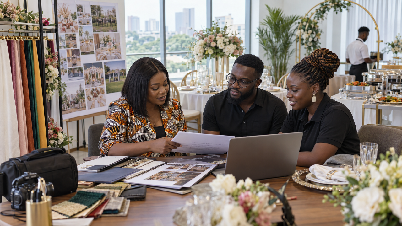 A Ghanaian event host compares a proposal with event professionals in an Accra showroom
