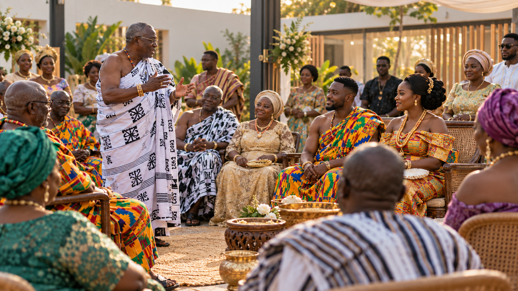 A family spokesperson addresses guests during a Ghanaian customary marriage ceremony