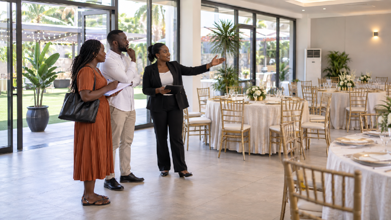 A Ghanaian couple inspects an event venue with the venue manager