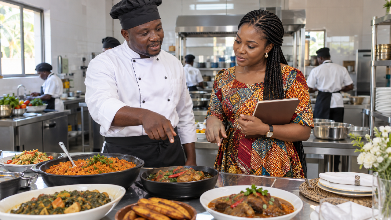 A Ghanaian caterer explains menu options during an event food tasting
