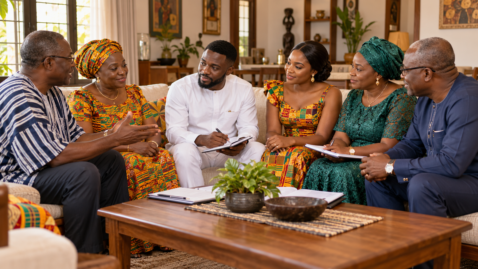 A Ghanaian couple and both families discuss wedding responsibilities together