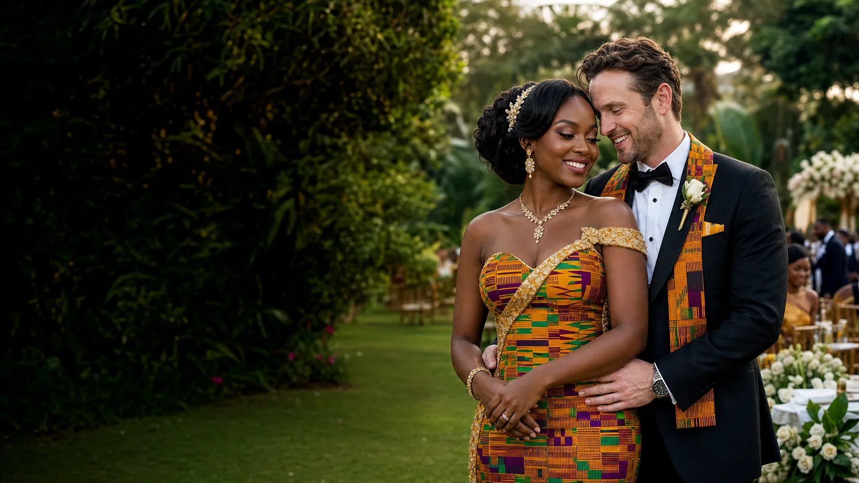 A newly married couple celebrating at a Kente garden wedding in Ghana