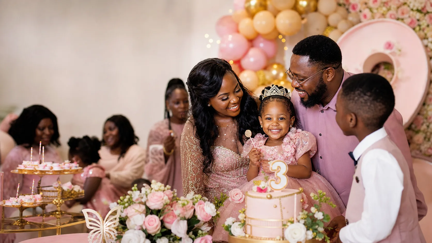 A three-year-old girl celebrating her birthday with family in Ghana